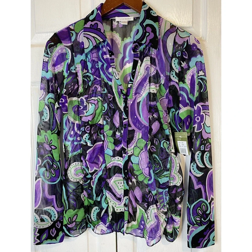 Erin London Small Sheer Abstract Print Top Purple Green Mod Retro Artsy